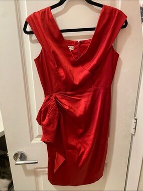 Maggy London Red Satin Draped V-Neck Midi Dress with Side Knot- NWOT